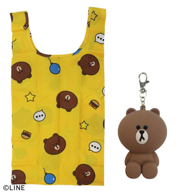 【SALE】LINE FRIENDS ラバーケース付きエコバッグ/ソリッド_ブラウン